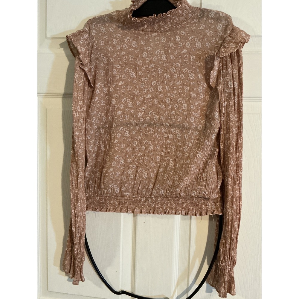 E&M Floral Smocked Mock‎ Neck Ruffle Blouse Mauve Pink Boho Top EM6779 Medium
